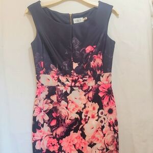 Eliza J Size 10‎ Black W Pink Floral Scuba Sheath Dress Sleeveless Midi Stretch